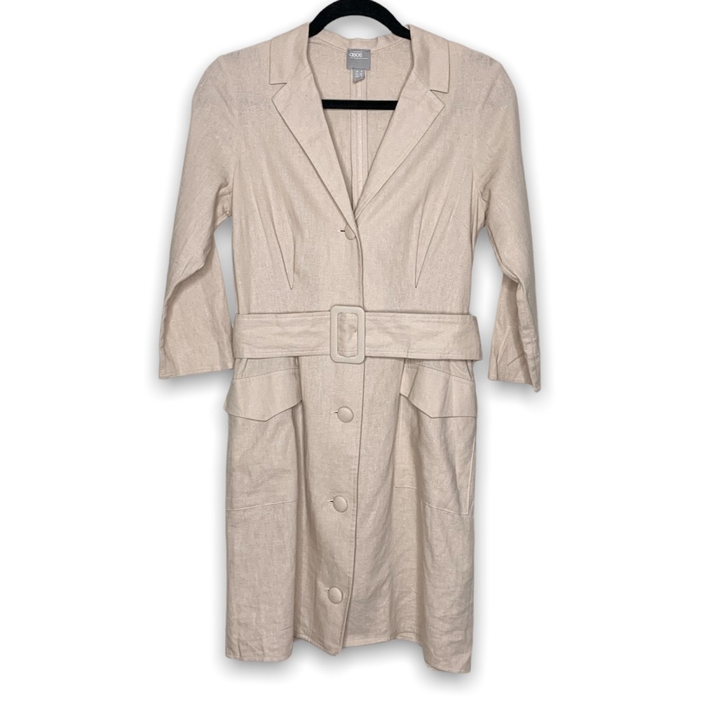 ASOS Tan Linen Collared Button Front Suit Dress with Belt Women’s Size 4